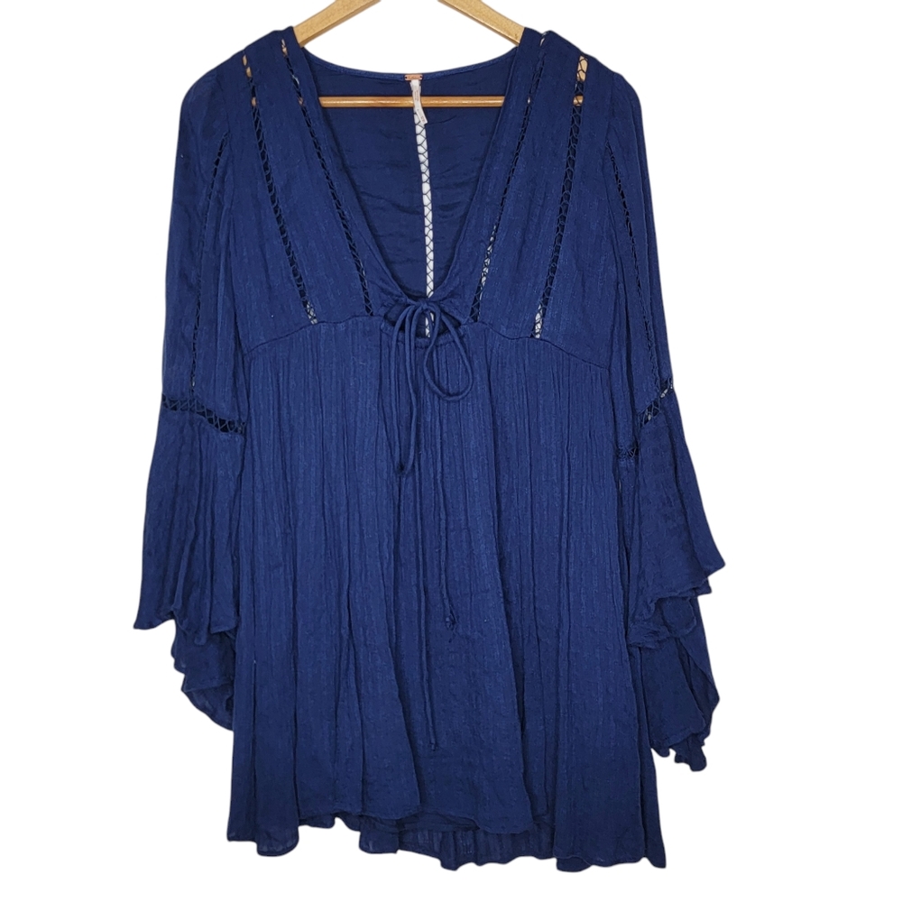 Free People Romeo Mini Dress Navy Blue‎ Angel Wide Bell Sleeves Women's Boho XS